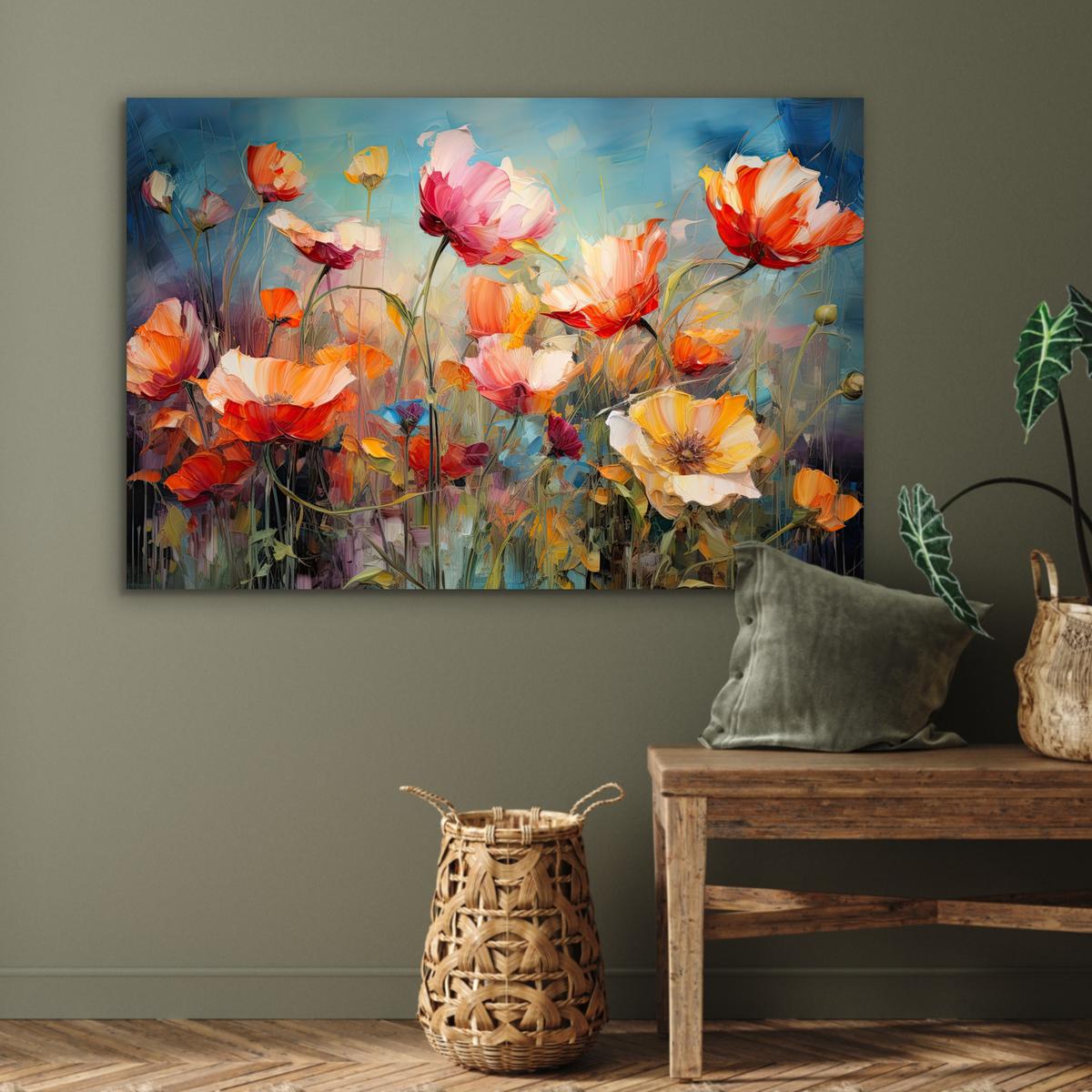 METALLBILD Blumen - Aquarell - Kunst - Botanisch - Natur Deko Groß 120x80 cm - Orange, Metall (120/80cm) - MuchoWow