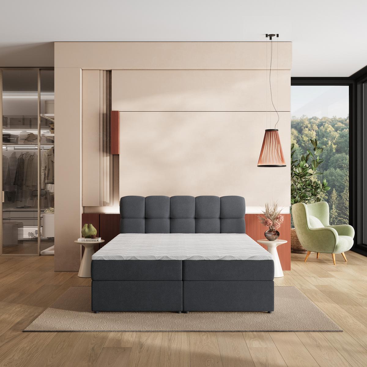 BOXBETT MERU 200x200 cm mit Matratze und Topper, H2+H3 - Graphitfarben - Graphitfarben, Holz (200/200cm) - MASSENO