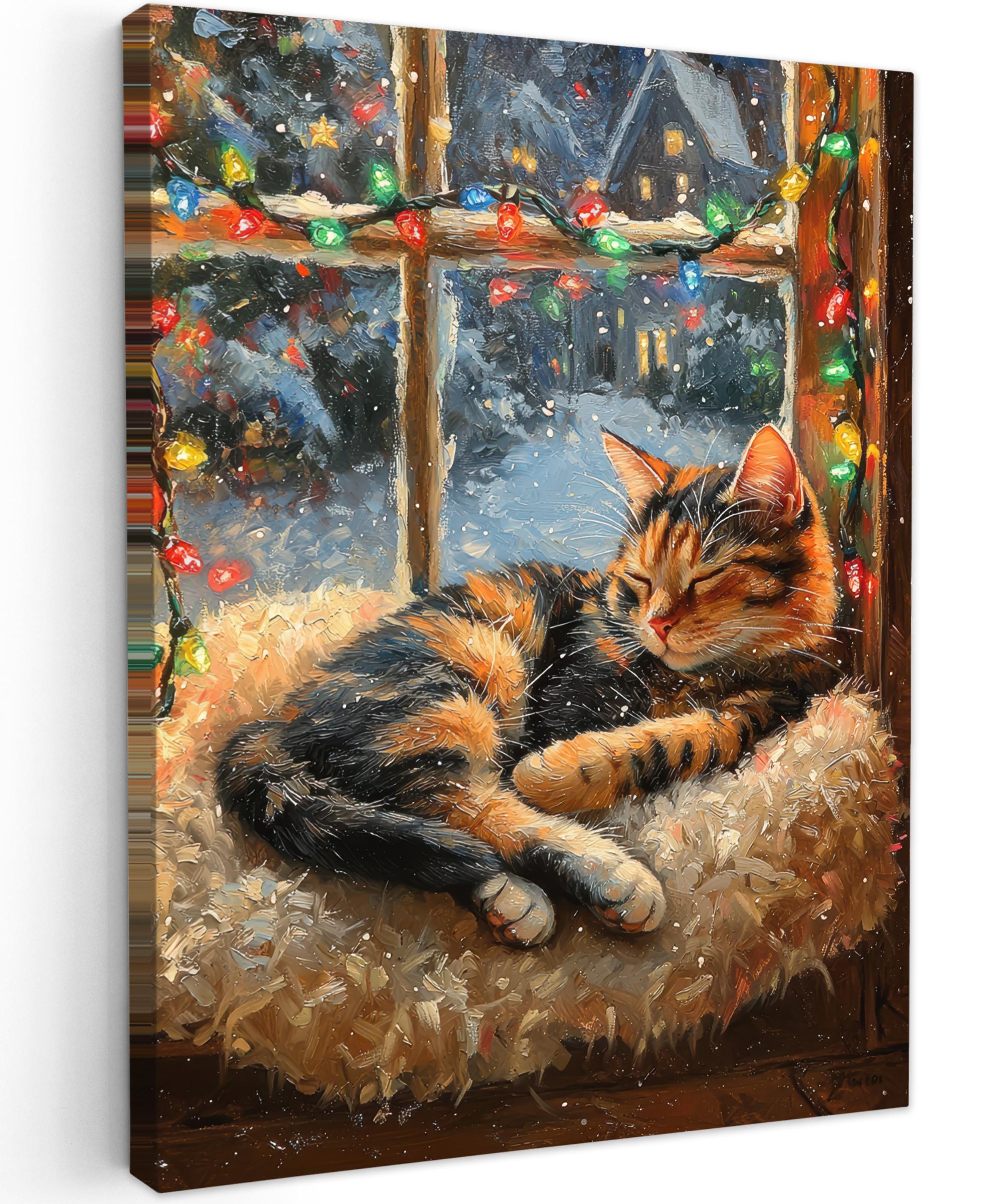 LEINWANDBILD Katze - Weihnachten - Winter - Tier Wandbild Wohnzimmer 60x80 cm - Bernsteinfarben, Textil (60/80cm) - MuchoWow