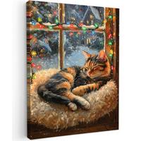 LEINWANDBILD Katze - Weihnachten - Winter - Tier Wandbild Wohnzimmer 60x80 cm - Bernsteinfarben, Textil (60/80cm) - MuchoWow