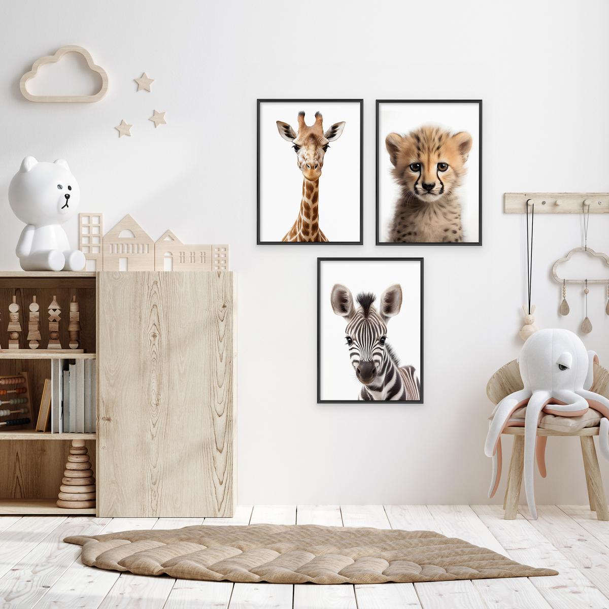 POSTER SET ohne Rahmen für Kinderzimmer WILDTIERE Giraffe Gepard Zebra A3 30x42cm - Gelb/Schwarz, Papier (30/42/1cm) - Muralo