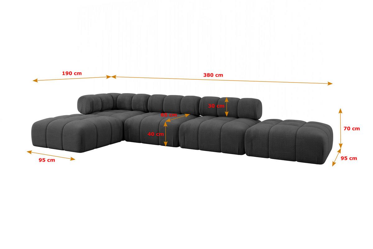 ECKSOFA modulares Sofa Kerru-L2 - 380x190x70 cm Schwarz Velours - Schwarz, Holzwerkstoff/Textil (380/190cm) - ALTDECOR