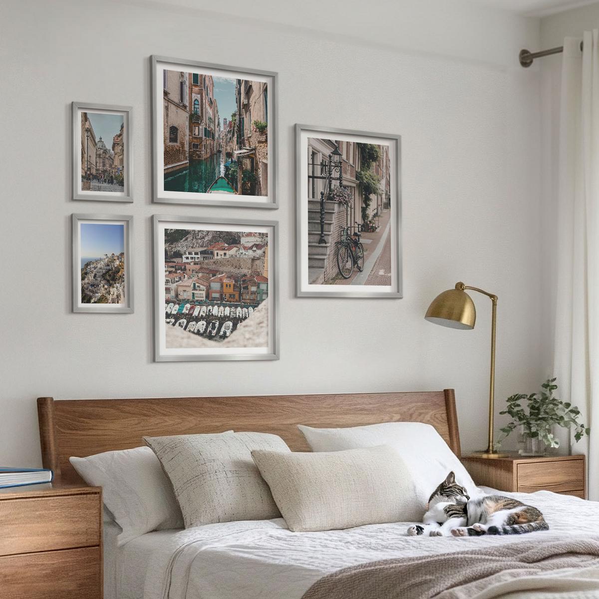BILDER SET 5er Set - 50x50 cm & 20x30 cm & 40x60 cm Silberner Rahmen - Blattmuster Marmor abstrakt - Silberfarben, Kunststoff (40/60cm) - TULUP