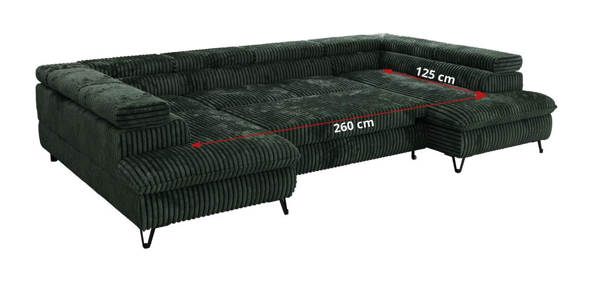 WOHNLANDSCHAFT PABLO U Cord Dunkelgrün - Schwarz/Grün, Textil/Metall (346/76/208cm) - MKS