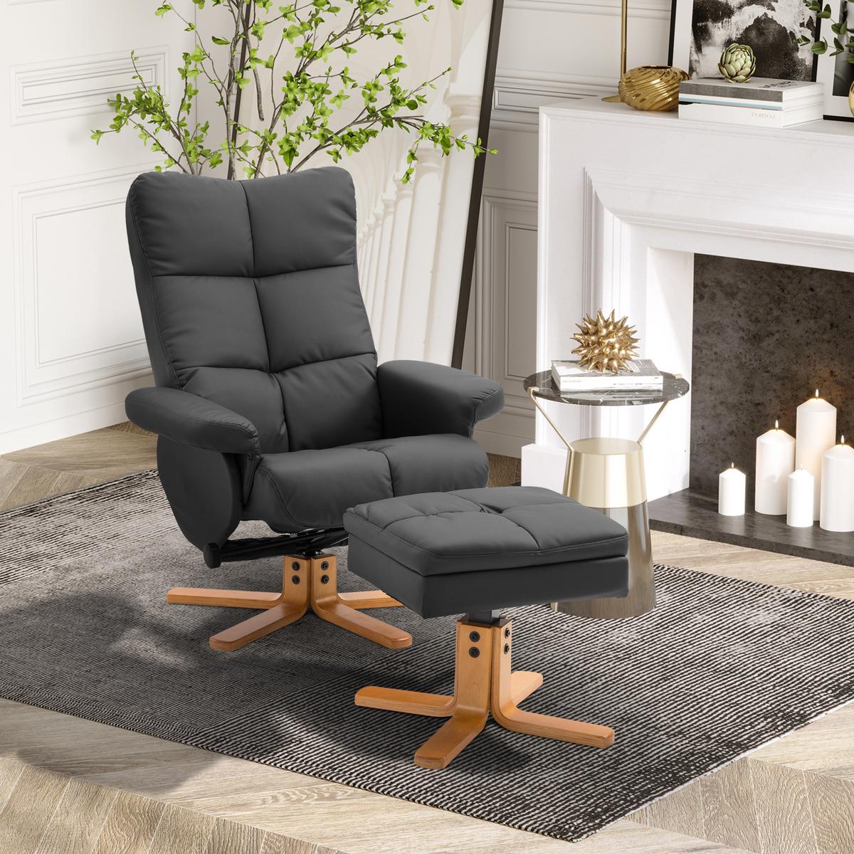 RELAXSESSEL mit Hocker Fernsehsessel 360° drehbar Liegefunktion Holz Schwarz - Schwarz, Holz/Kunststoff (86/99/80cm) - HOMCOM