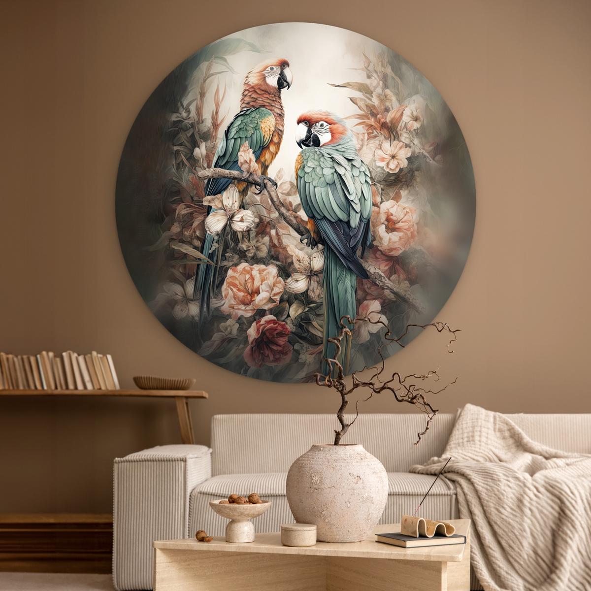 WANDBILD Papageien - Vögel - Natur - Blumen Deko Groß 150x150 cm - Baltimorefarben, Kunststoff (150/150cm) - MuchoWow