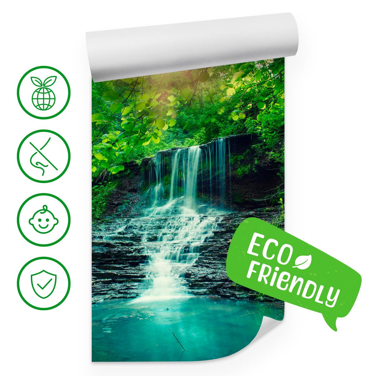 FOTOTAPETE für Schlafzimmer Türkisfarbener Wasserfall Wald Bäume Blätter Felsen 100x70 - Türkis/Blau, Papier (100/70cm) - Muralo