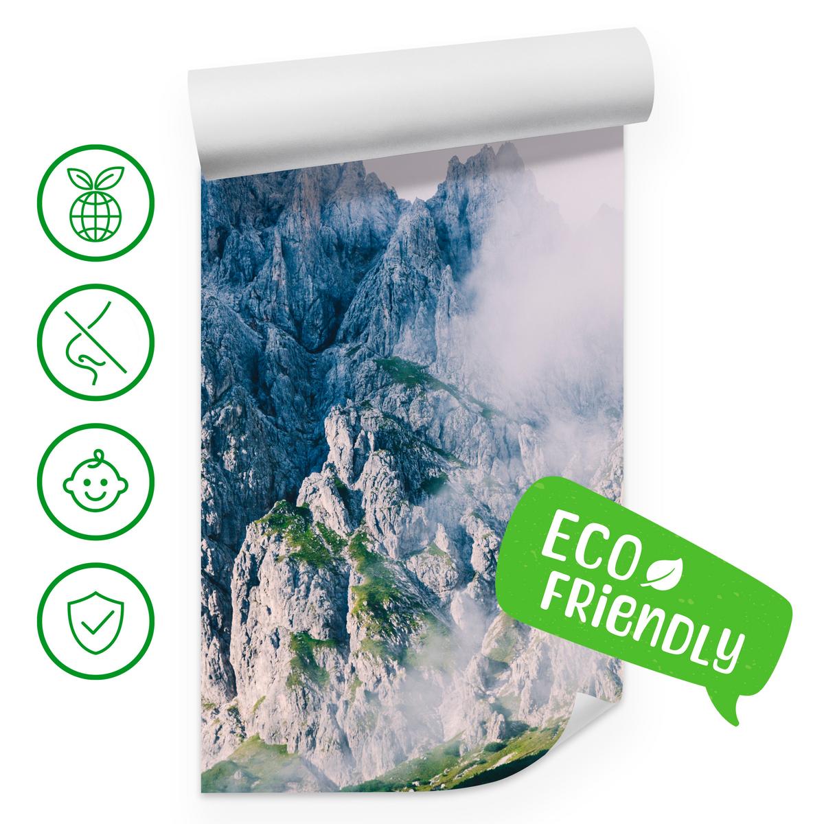 FOTOTAPETE für Wohnzimmer Felsige Berge Nebel Moos 400x280 - Blau/Weiß, Papier (400/280cm) - Muralo