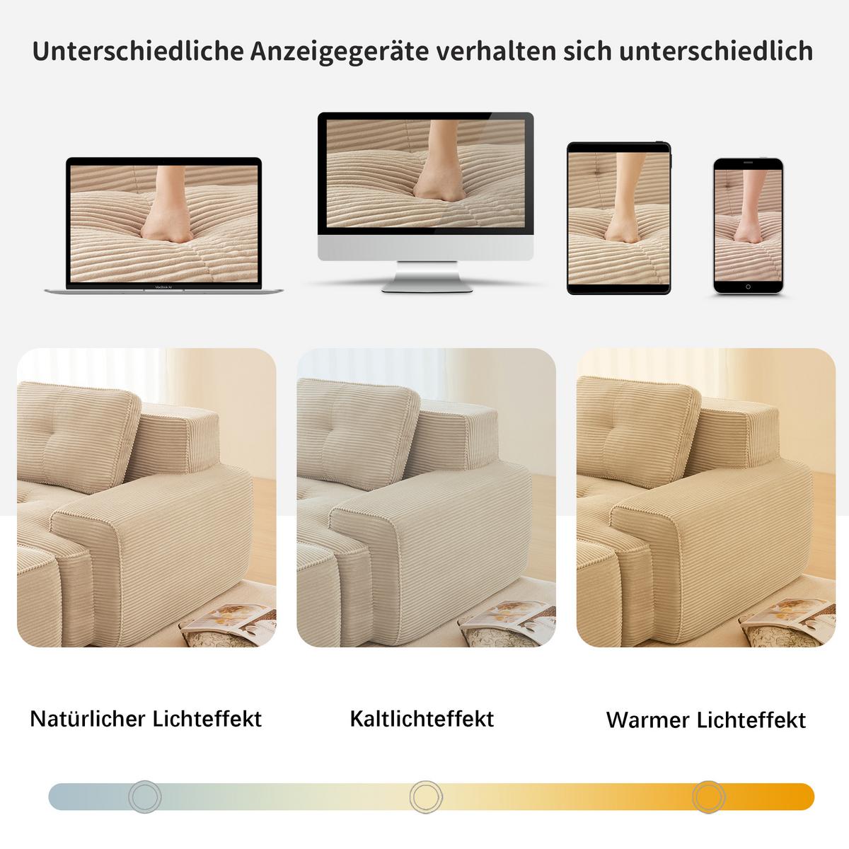 ECKSOFA Modulares Boneless Cord Sofa 2-Sitzer - Beige, Textil (204/177cm) - Urban Meuble