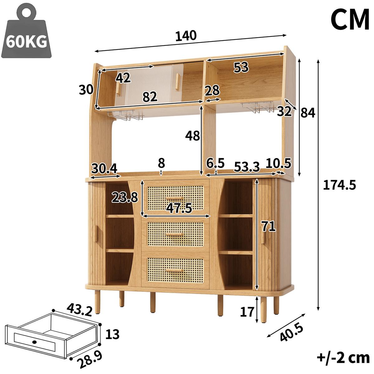 BUFFETSCHRANK Holzoptik mit Rattan & Glasschiebetüren, 140x174,5cm, Küchenschrank - Naturfarben, Holzwerkstoff (140/174.5/40.5cm) - Urban Meuble