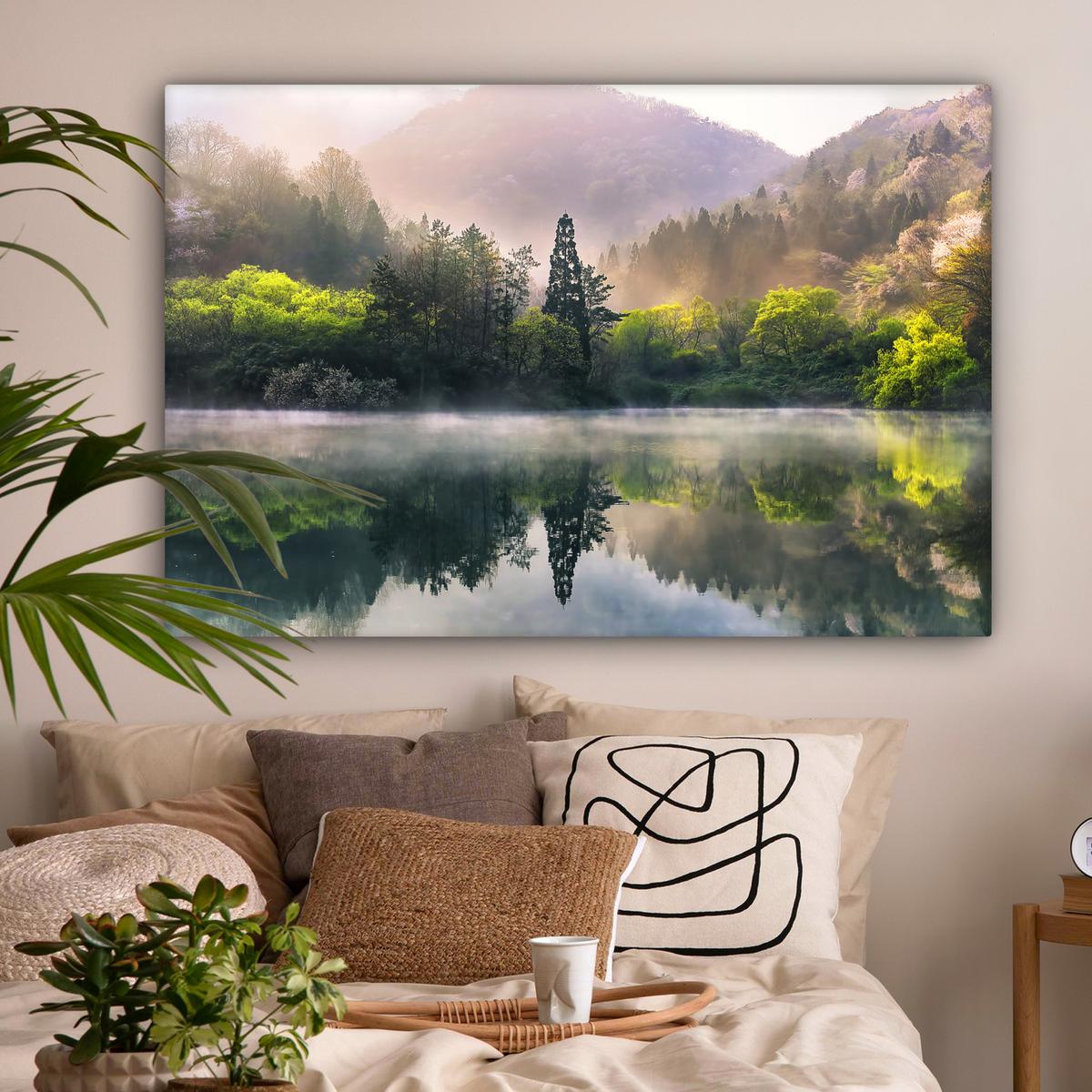 LEINWANDBILD Natur - Bäume - Berge - See - Wasser Groß 140x90 cm - Hellgrün, Textil (140/90cm) - MuchoWow