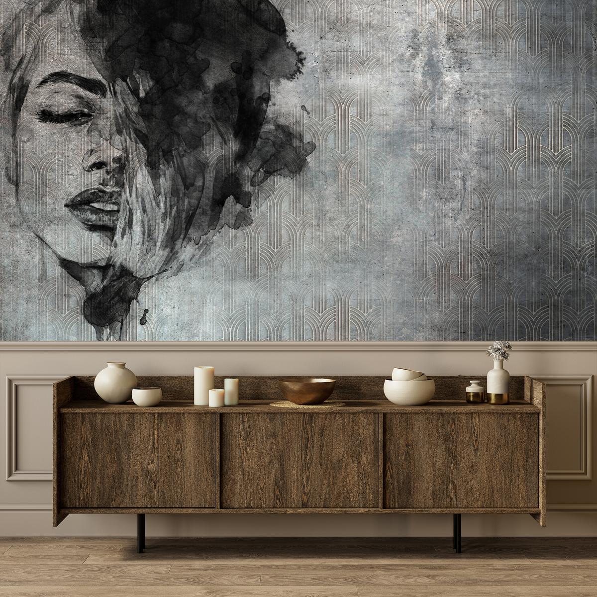 FOTOTAPETE für Wohnzimmer Abstrakte Frau Porträt Beton Ornament 100x70 - Grau, Papier (100/70cm) - Muralo