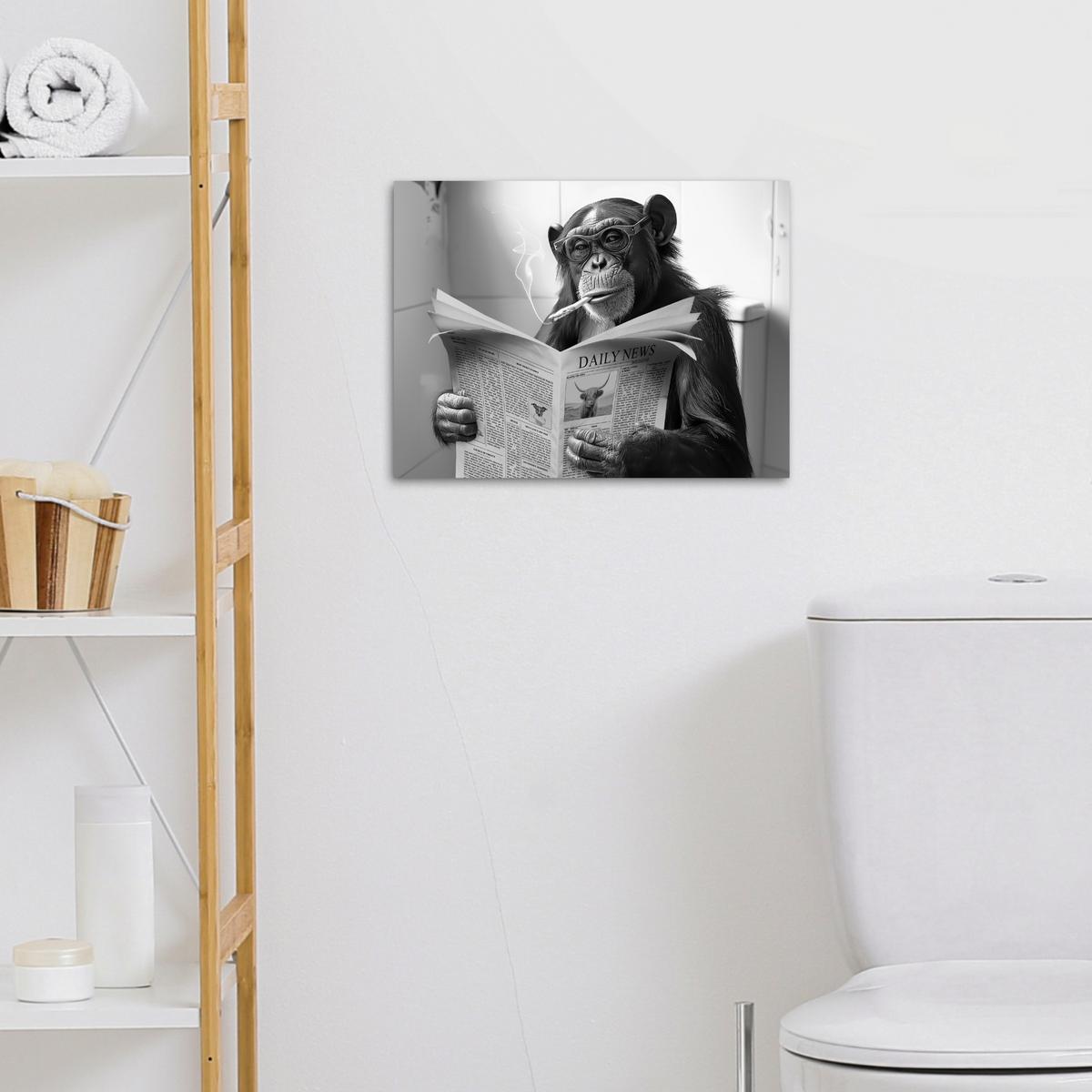 LEINWANDBILD Affe - WC - Zeitung - Schwarz-Weiß - Humor Wandbild 40x30 cm - Hellgrau, Textil (40/30cm) - MuchoWow
