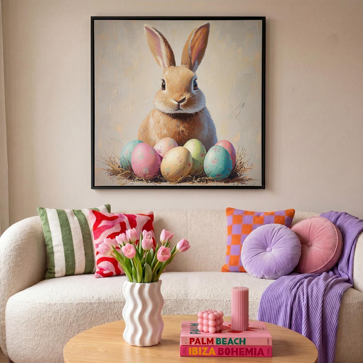 LEINWAND Bilder mit Rahmen - Osterhase - Pastell - Eier - 90x90 - Beige, Textil (90/90cm) - MuchoWow