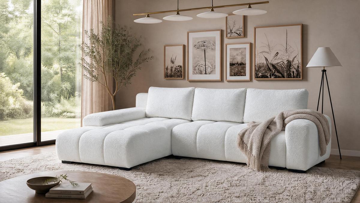ECKSOFA Ovia mit Bettkasten und Schlaffunktion, Bouclé-Stoff in L-Form - Weiß, Textil (270/185cm)
