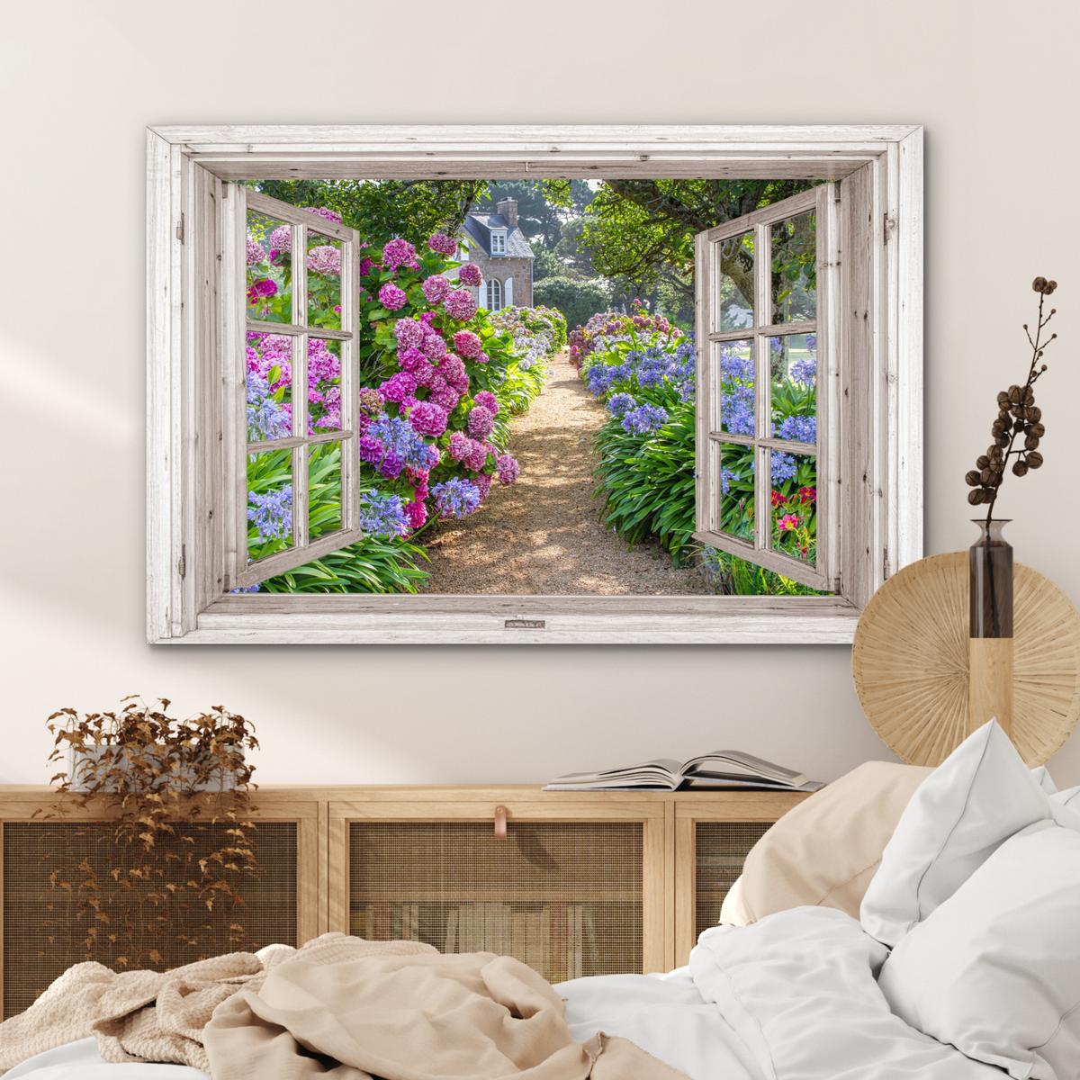 METALLBILD Hortensie - Durchsichtig - Blumen - Sommer - Lila - Weg Deko Groß 120x80 cm - Lila, Metall (120/80cm) - MuchoWow