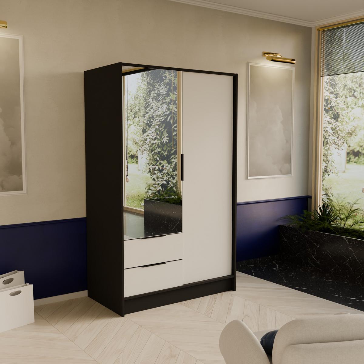 DREHTÜRENSCHRANK CAVA 102/200/51 cm Modern Kleiderschrank 2-türig mit Spiegel Schwarz - Schwarz/Weiß, Holzwerkstoff (102/200/51cm) - MASSENO