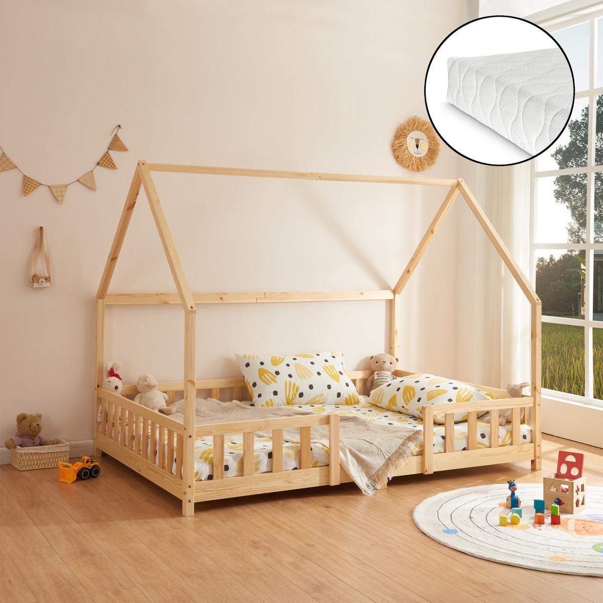 HAUSBETT Sisimiut mit Matratze - Naturfarben, Holz/Textil (120/200cm) - [en.casa]