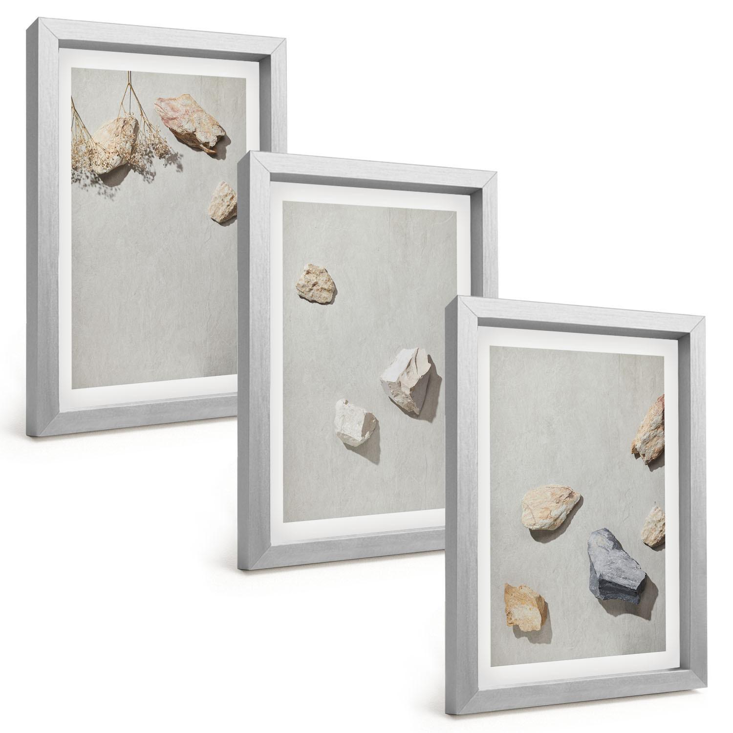 BILDER SET 3er Set - 20x30 cm Silberner Rahmen - Boho-Stranddekorationen aus Steinen - Silberfarben, Kunststoff (20/30cm) - TULUP