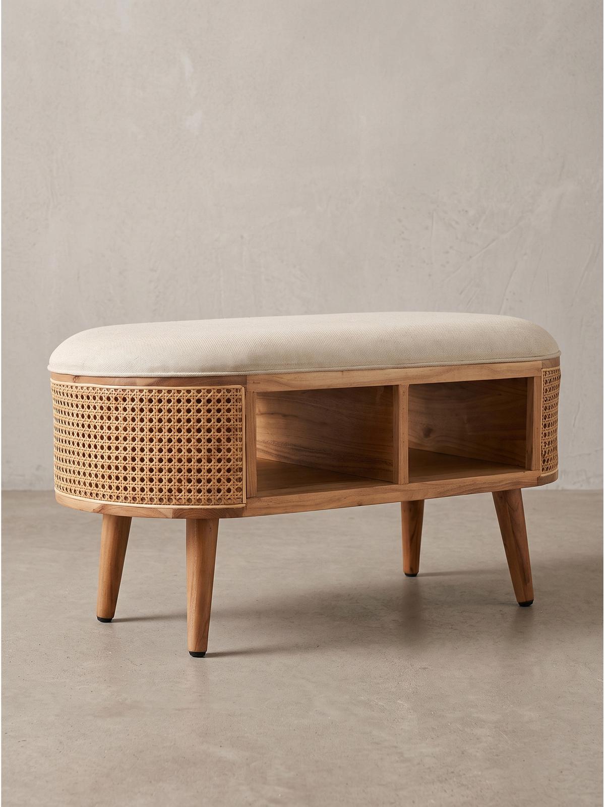 SITZBANK ASCOLI, Jutestoff, Akazie-Weiß, 90 x 45 x 45 cm - Hellbraun/Creme, Akazienholz/Holz (90/45/45cm) - KADIMA DESIGN