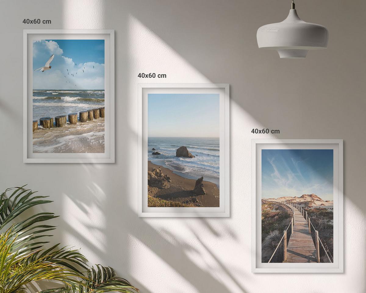 BILDER SET 3er Set - 40x60 cm Weißer Rahmen - Strandwellen, Himmelsbrücke, Spaziergang - Weiß, Kunststoff (40/60cm) - TULUP