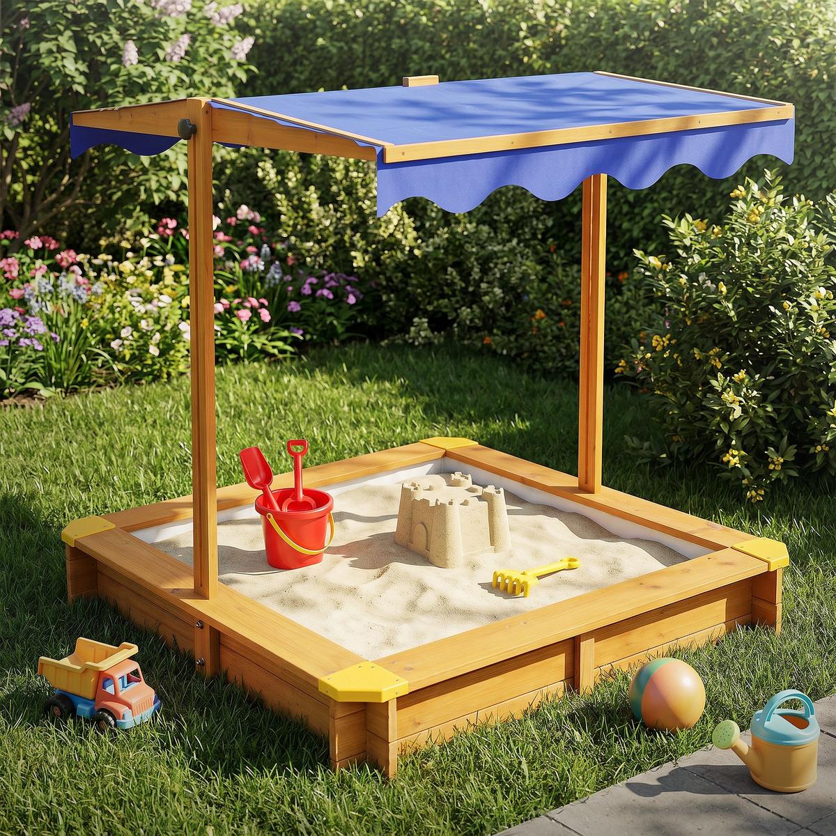 SANDKASTEN MIT DACH 118x118 cm Natur aus Massivholz - Naturfarben, Holz (118/118/119cm) - ML-DESIGN