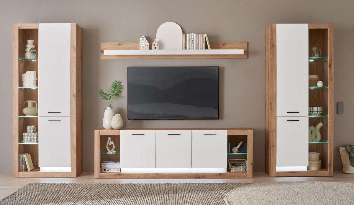 VITRINE weiß matt, Evoke Eiche, Vitrinenschrank 80 x 195 cm - Eichefarben/Silberfarben, Glas/Holzwerkstoff (80/195/37cm) - Furn.Design