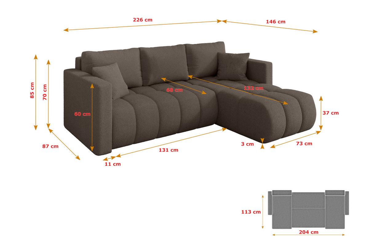 ECKSOFA mit Schlaffunktion Ottomane Rechts GARD-L 226x146x85 Braun Bouclé - Schwarz/Braun, Holzwerkstoff/Kunststoff (226/146cm) - ALTDECOR