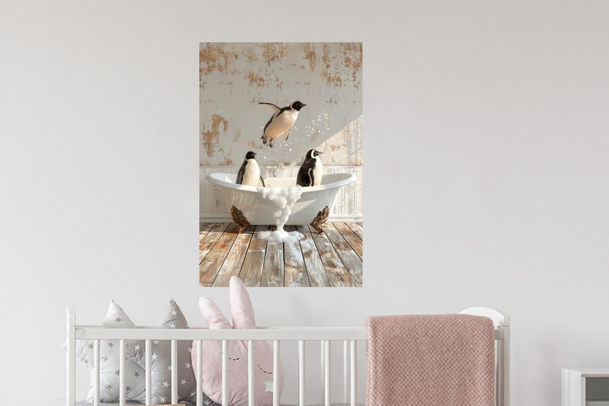 WANDTATTOO Vintage - Pinguin - Badewanne - Schaumstoff Wandbild 40x60 cm - Schwarz, Kunststoff (40/60/0.1cm) - MuchoWow
