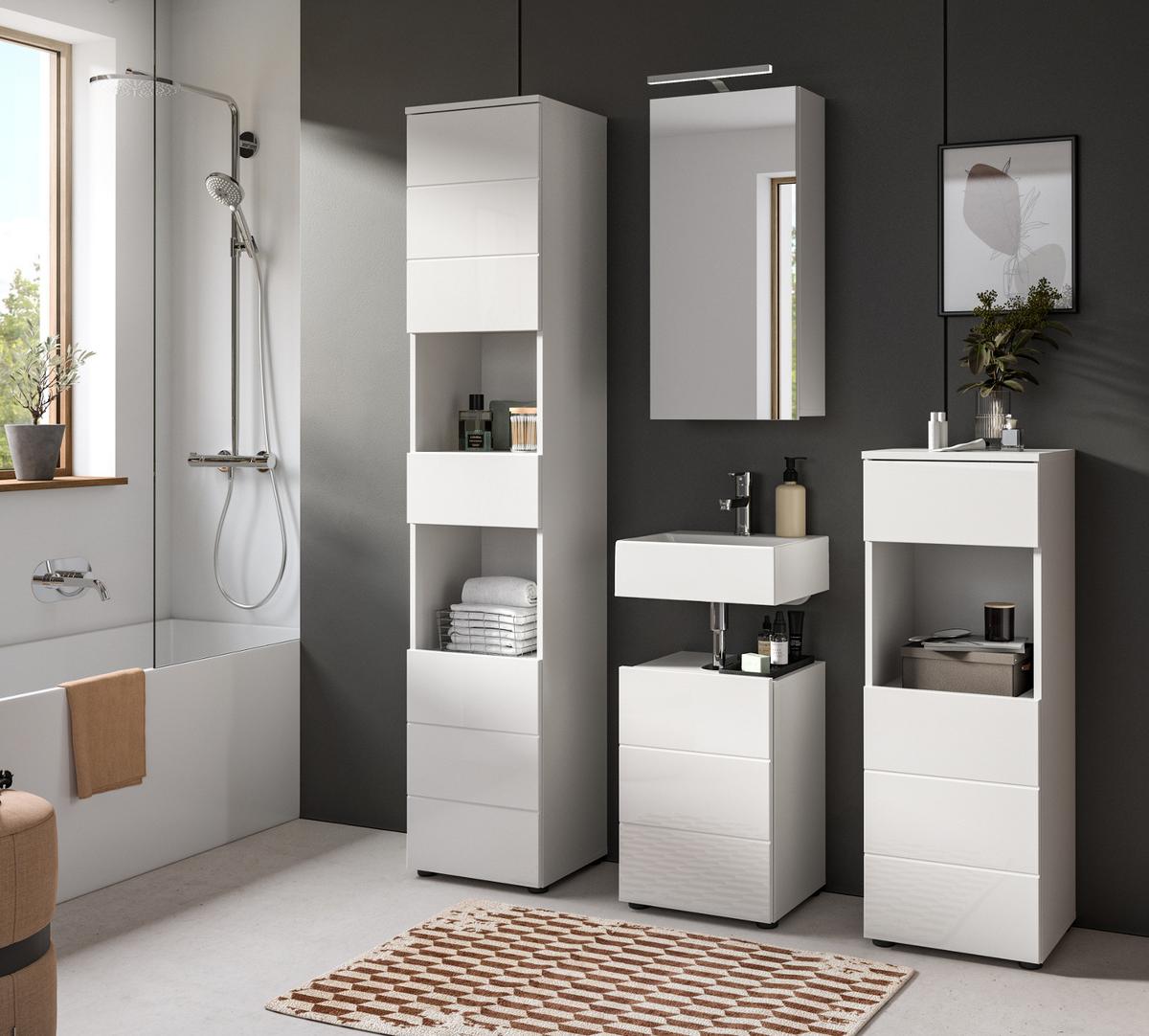 BADMÖBEL Set 3-teilig weiß Hochglanz 91 x 190 cm, Badkombination modern - Weiß Hochglanz/Schwarz, Holzwerkstoff/Kunststoff (91/190/34cm) - Inn.Furn