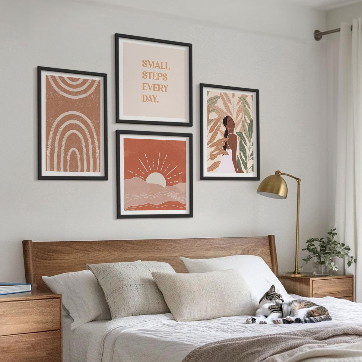 BILDER SET 4er Set - 50x50 cm & 40x60 cm Schwarzer Rahmen - abstrakte Formen im Boho-Stil - Schwarz, Kunststoff (50/50cm) - TULUP