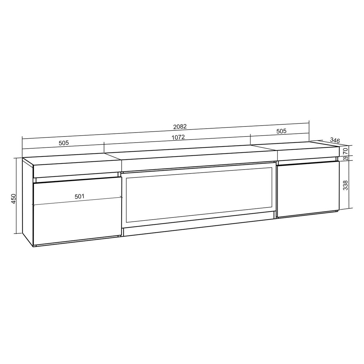 LOWBOARD, Tv-Schrank mit Elektrokamin XXL, Hängend, Eiche, Schwarz, 208/35/45cm - Eichefarben/Multicolor, Holzwerkstoff (208/45/35cm) - Skraut Home
