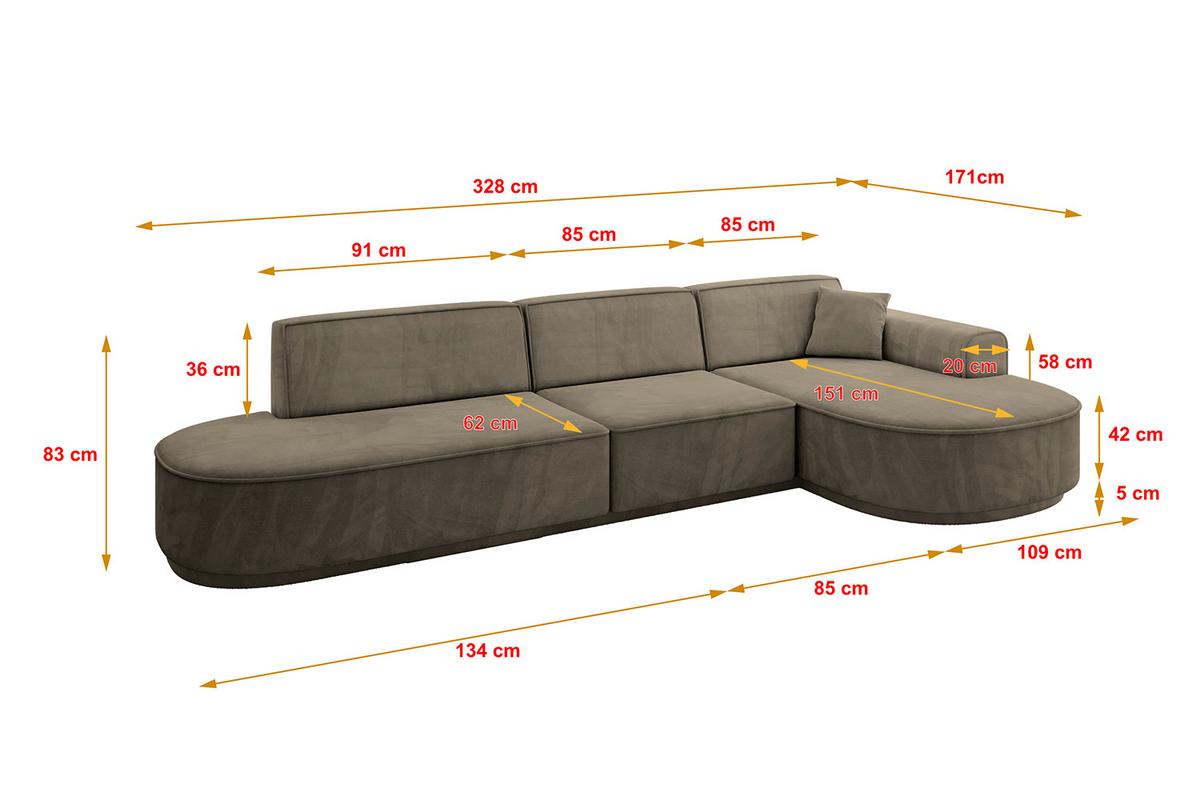 ECKSOFA Ottomane Rechts MARI-L2-v3 - 328x171x83 cm Dunkelbraun Velours - Dunkelbraun/Schwarz, Holzwerkstoff/Kunststoff (171/328cm) - ALTDECOR