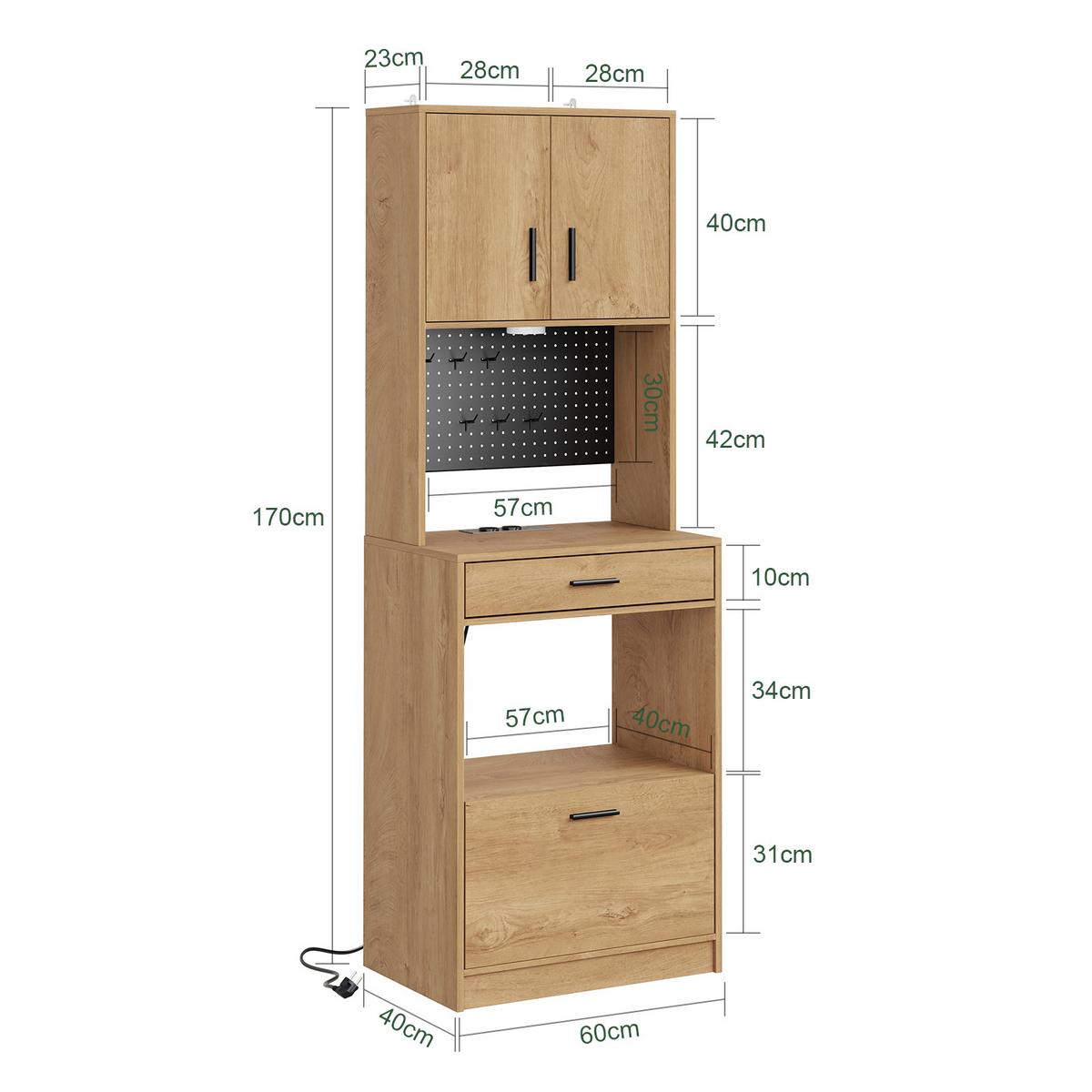 KÜCHENTURM mit Steckdose und Lochwand FSB98-E-N - Ahornfarben/Schwarz, Holzwerkstoff/Fell (60/170/40cm) - SoBuy