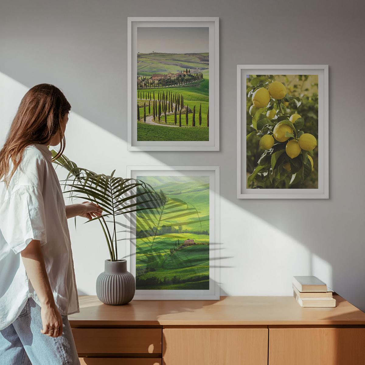 BILDER SET 3er Set - 40x60 cm Weißer Rahmen - Italienische Zitrusfrüchte und Hügel - Weiß, Kunststoff (40/60cm) - TULUP