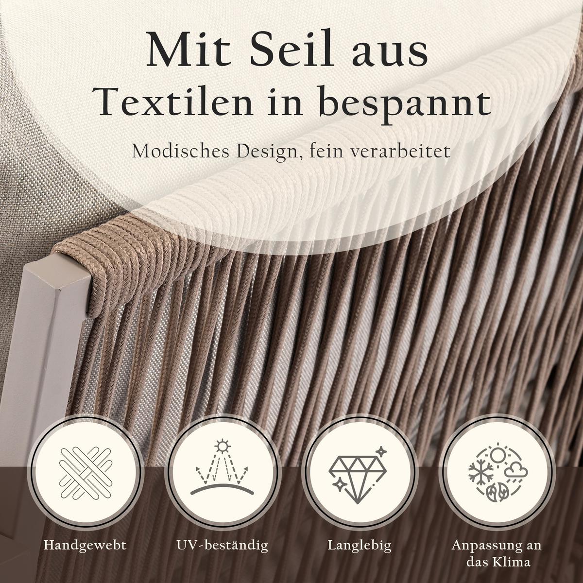 LOUNGEGARNITUR 4-tlg Khaki Metall & Seil Outdoor Sofaset mit 2 Sesseln, Sofa & Glastisch - Sandfarben, Metall - Urban Meuble