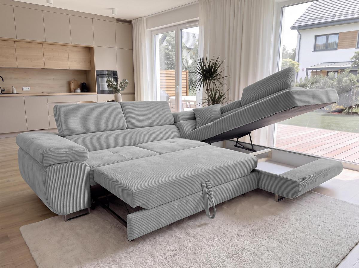 ECKSOFA L Form Konak Hellgrau 276/201/90 cm Rechts mit Schlaffunktion - Silberfarben/Hellgrau, Textil/Metall (276/203cm) - AX Living