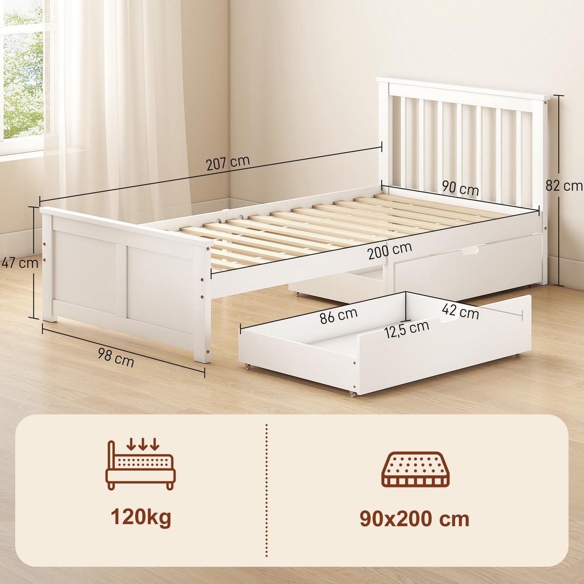 BETTGESTELL Kiefernholz MDF Weiß - Weiß, Holzwerkstoff (90/200cm) - HOMCOM