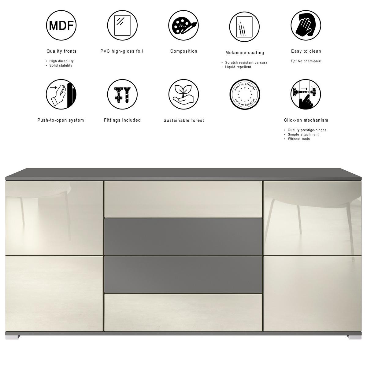 SIDEBOARD Rova Sandgrau Hochglanz - Sandfarben, Holzwerkstoff (166.5/75.5/35cm) - Vladon