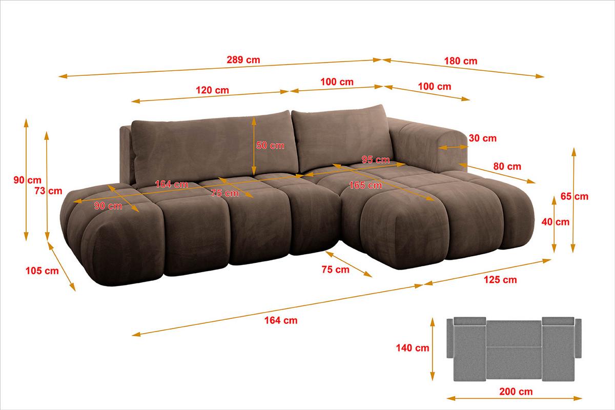 ECKSOFA Ottomane Rechts CLOUD-L 280x185x90 Braun Velours - Braun, Holzwerkstoff/Kunststoff (185/280cm) - ALTDECOR