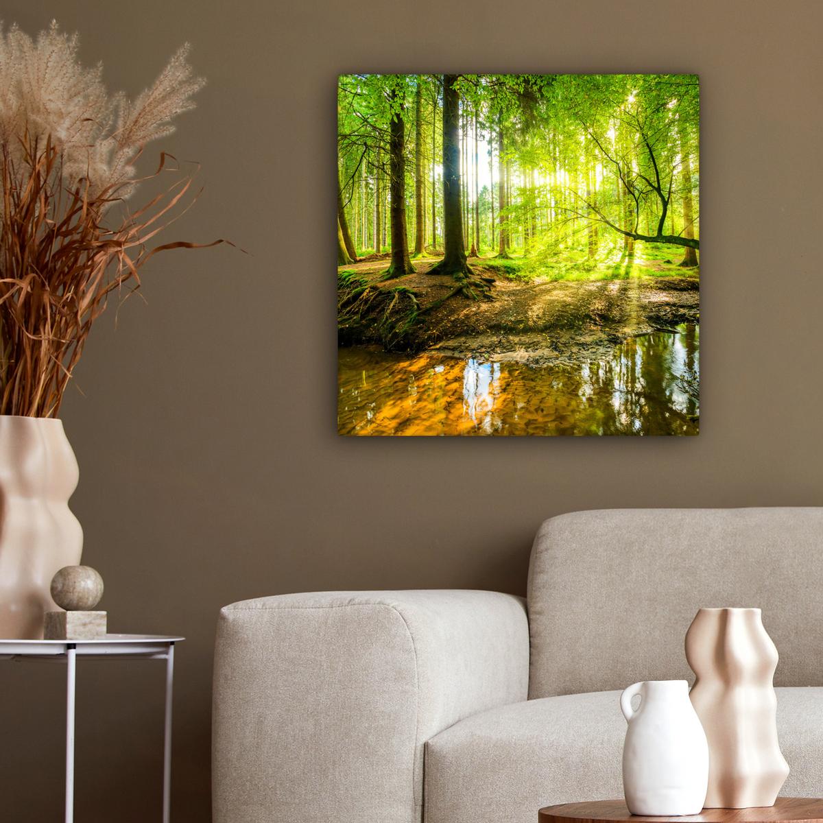 LEINWANDBILD Wald - Landschaft - Wasser - Bäume - Sonne - Grün - Natur Wandbild Wohnzimmer 50x50 cm - Grün, Textil (50/50cm) - MuchoWow
