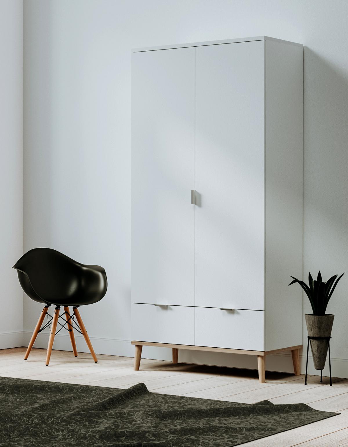 KLEIDERSCHRANK weiß matt, Eiche Sonoma massiv 90 x 180 cm, Drehtürenschrank skandinavisch - Chromfarben/Eichefarben, Holz/Holzwerkstoff (90/180/55cm) - Furn.Design