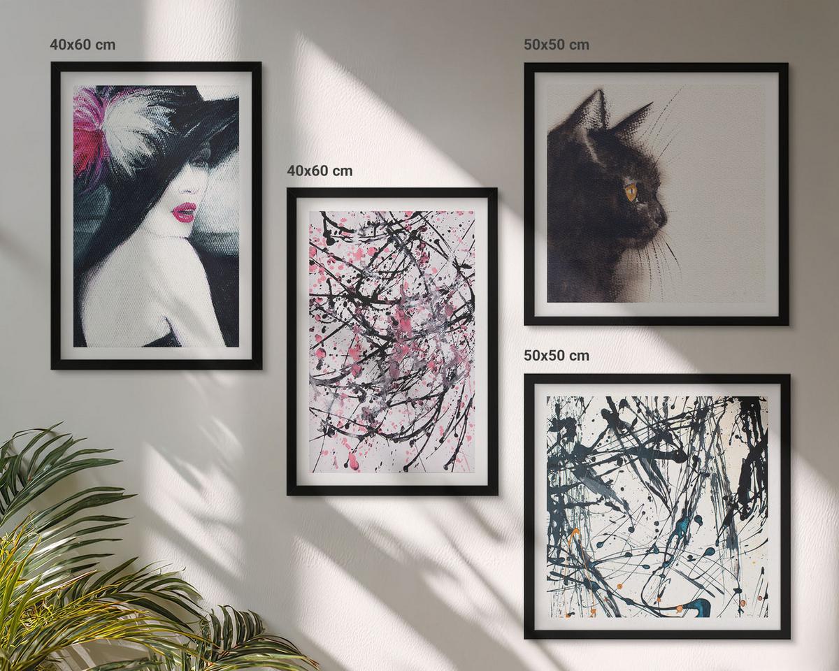 BILDER SET 4er Set - 50x50 cm & 40x60 cm Schwarzer Rahmen - Abstrakte Katzenmalereien - Schwarz, Kunststoff (50/50cm) - TULUP