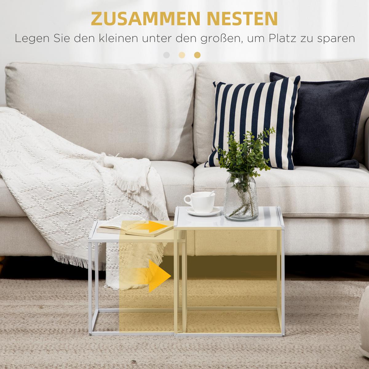2ER-SET Couchtisch, Eckiger Beistelltisch, Kaffeetisch mit Stahlgestell Weiß - Weiß, Metall (40/40/40cm) - HOMCOM