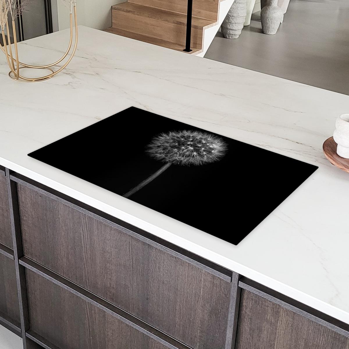 HERDABDECKPLATTE Löwenzahn - Schwarz - Floral - Botanisch Ceranfeldabdeckung 90x52 cm - Grau, Kunststoff (90/52/0.2cm) - MuchoWow