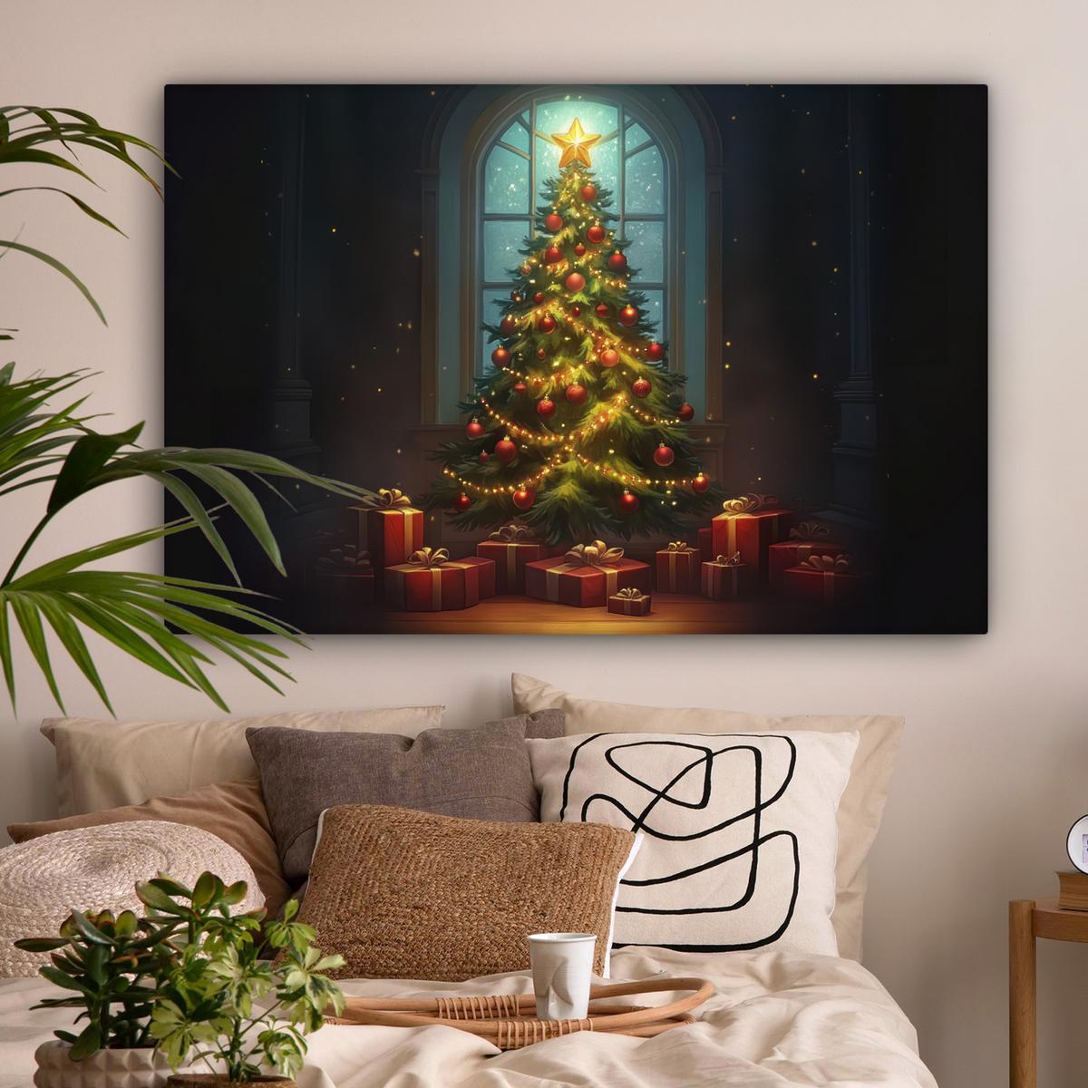 LEINWANDBILD Weihnachtsbaum - Geschenk - Winter Groß 140x90 cm - Grün, Textil (140/90cm) - MuchoWow