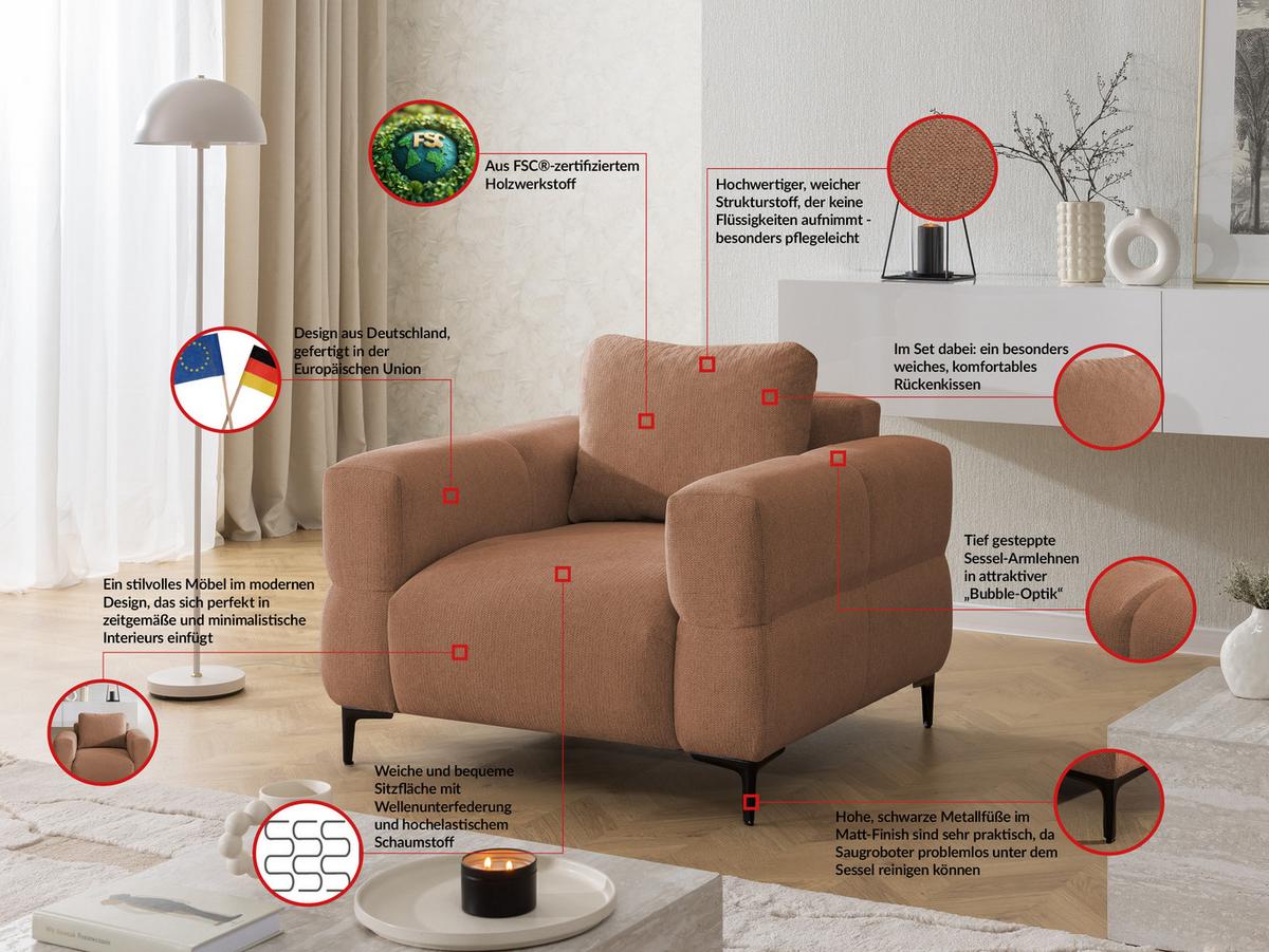 SESSEL Cardea in Bubble-Optik aus weichem Terrakotta Strukturstoff mit hohem Sitzkomfort - Terracotta/Schwarz, Holz/Textil (102/80/97cm) - S-Style Möbel