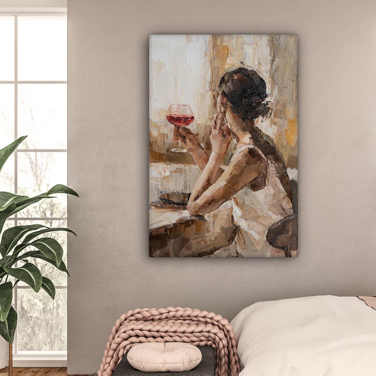LEINWANDBILD Ölgemälde - Frau - Wein Deko XXL 80x120 cm - Hellbraun, Textil (80/120cm) - MuchoWow