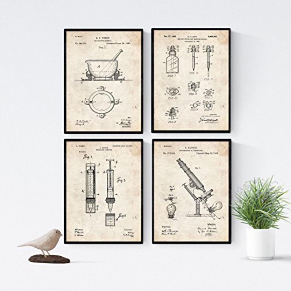 POSTER Set mit 4 Jahrgang Apotheke Patent A4 Schwarzer Rahmen - Schwarz, Papier (29.7/3cm) - Nacnic