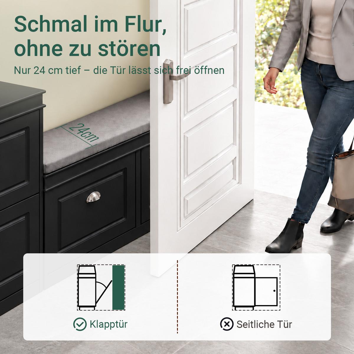 SCHUHBANK schwarz, 104x52x24 cm, Sitzpolster, 2 Klappen für 8 Paar, bis 150 kg, verstellbare Böden, für Flur & Diele - Schwarz, Holzwerkstoff (104/52/24cm) - SoBuy
